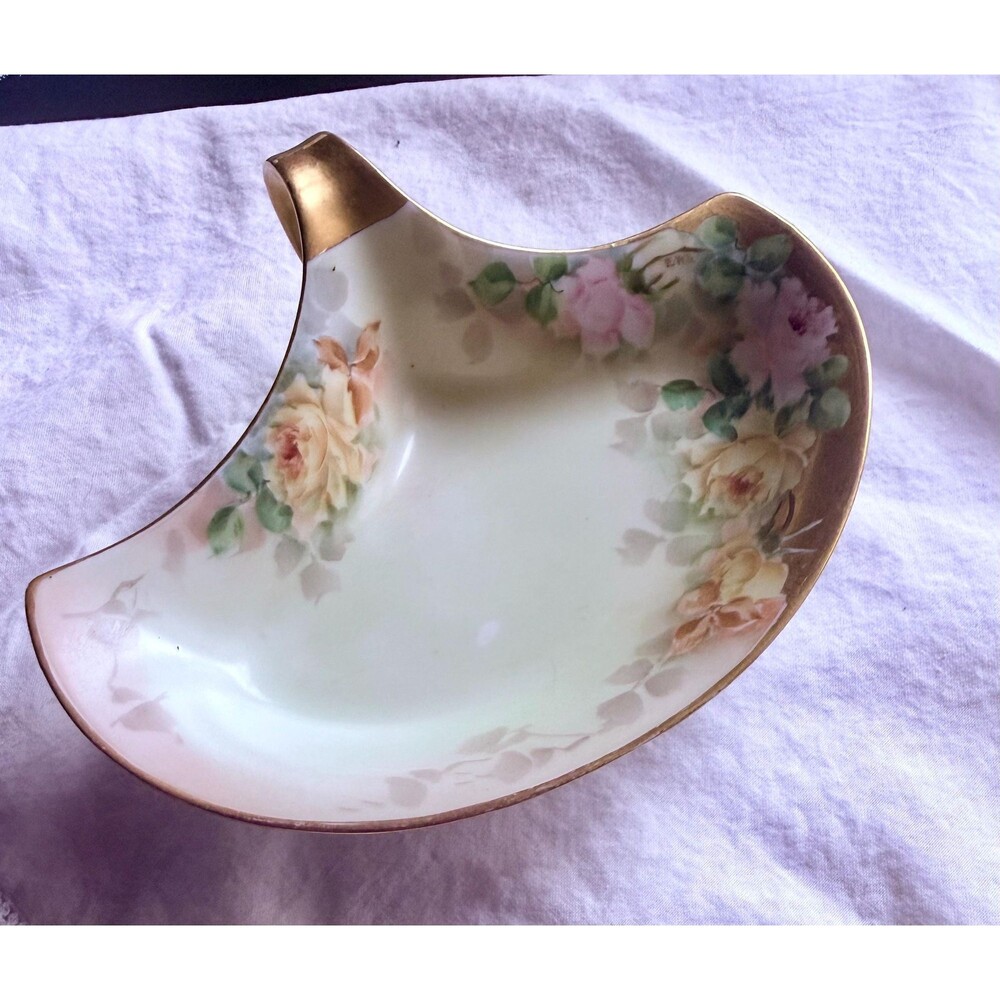 Antique Bavarian Porcelain Candy Dish – Hand-Painted Roses, Gold Trim Crescent S